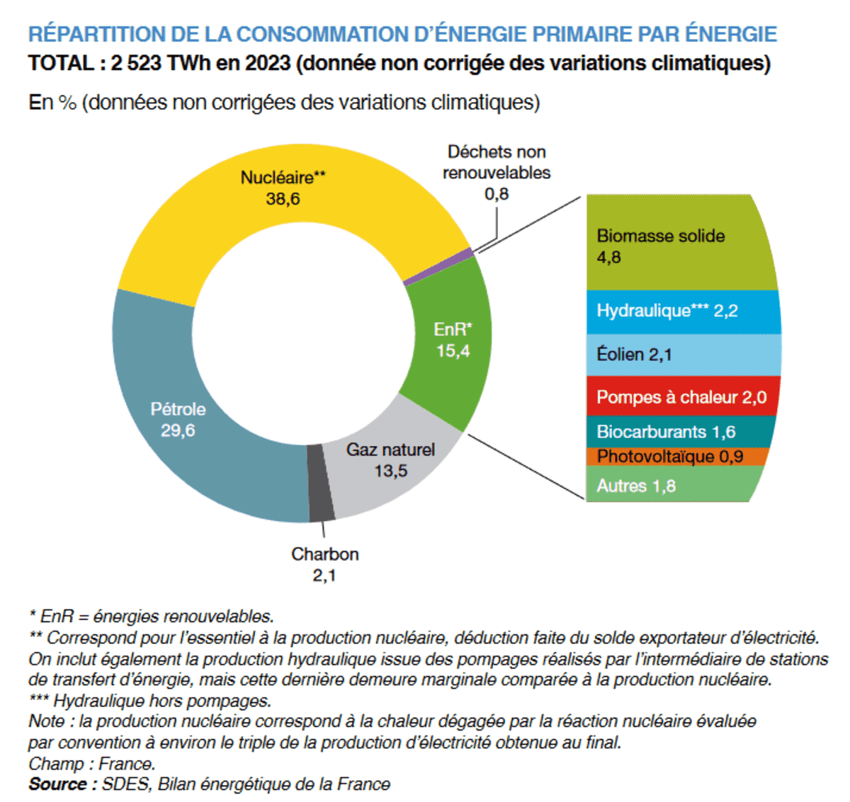 Camembert représentant les différents types d’énergies consommées en France : les énergies fossiles (réparties en trois blocs : produits pétroliers, charbon et gaz naturel), les énergies renouvelables, le nucléaire, les déchets non renouvelables. Les deux types majoritairement représentés sont les énergies fossiles (45 %) et le nucléaire (39 %).