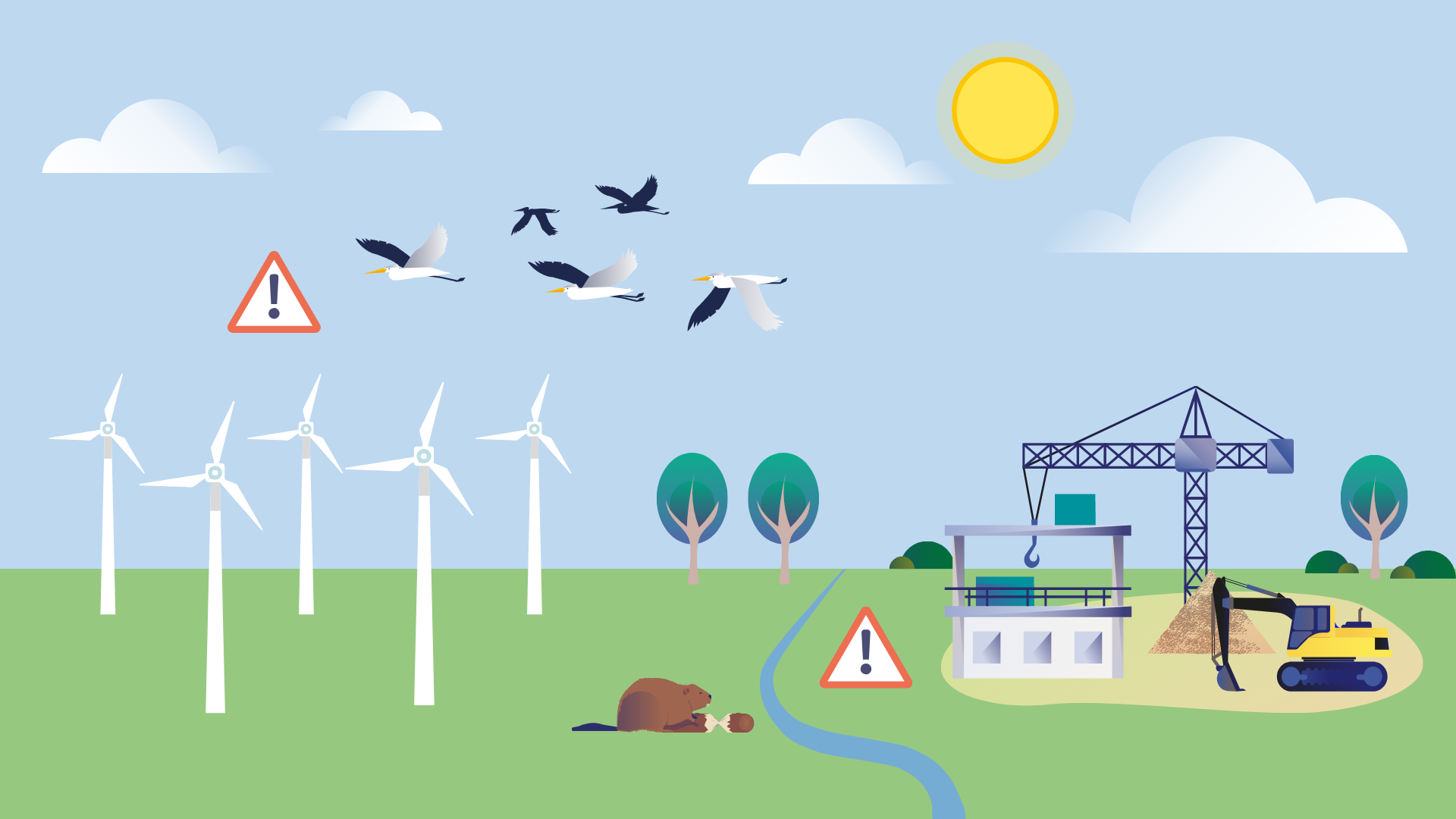 Le visuel montre un paysage. D’un côté, il y a des oiseaux qui volent au-dessus d’un champ d’éoliennes. De l’autre côté, il y a un chantier de construction entouré d’arbres, d’un cours d’eau et d’un castor.
