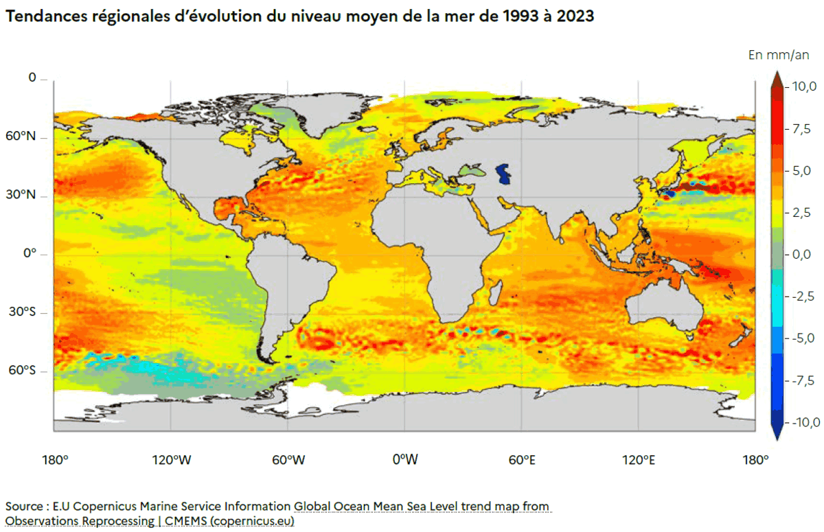 Tendances régionales d’évolution du niveau moyen de la mer de 1993 à 2023
