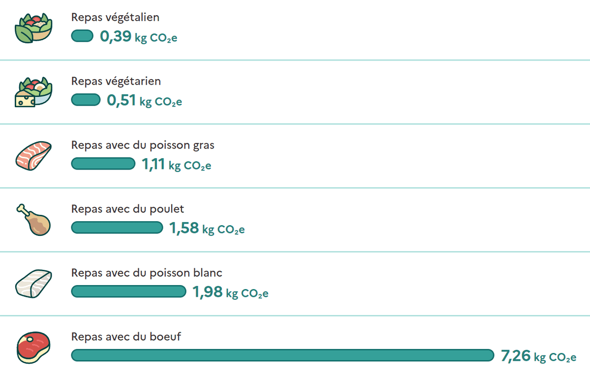 Cette infographie compare les émissions moyennes en kg équivalent CO2 générées par différents types de repas. Les repas à base de bœuf émettent près de 19 fois plus de gaz à effet de serre qu’un repas végétalien. À l’inverse, les repas végétariens ou végétaliens ont un impact beaucoup plus faible :