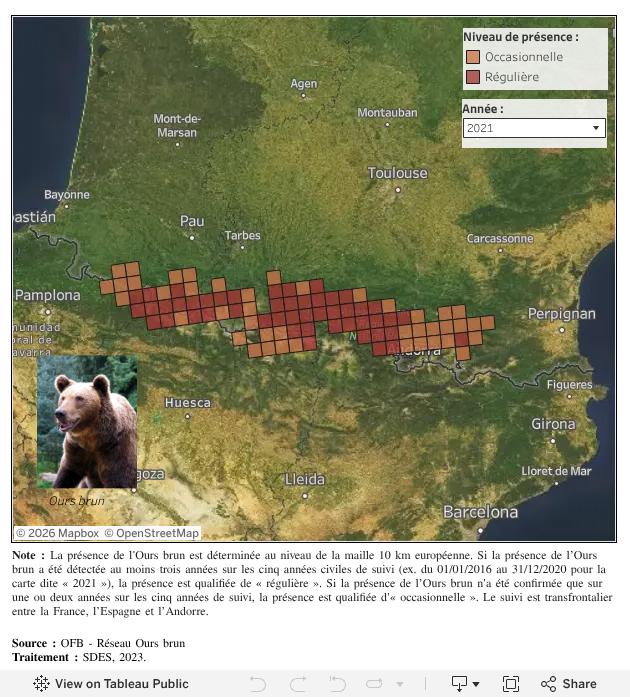 Répartition de l’ours brun en France métropolitaine entre 2001 et 2021