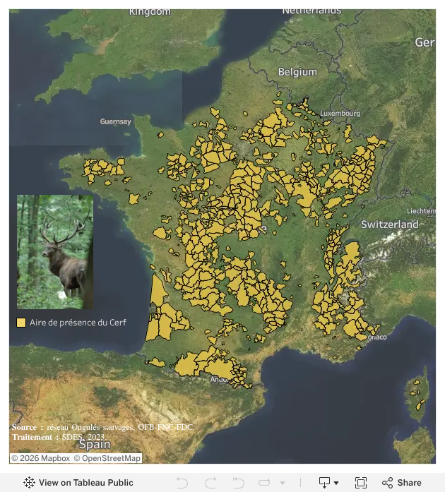 Aire de présence du cerf élaphe en France métropolitaine en 2021