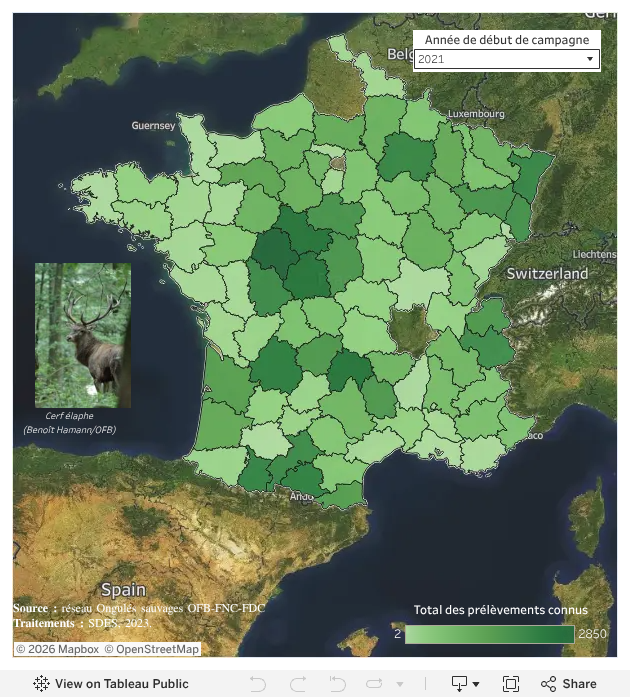 Réalisations départementales hors enclos du cerf élaphe entre 1973 et 2021
