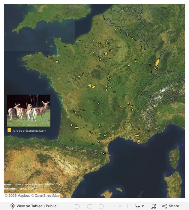 Aire de présence du daim en France métropolitaine en 2019