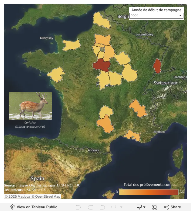 Réalisations départementales hors enclos du cerf sika entre 1973 et 2021