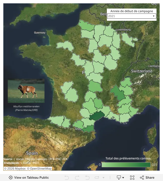 Réalisations départementales hors enclos du mouflon méditerranéen entre 1973 et 2021