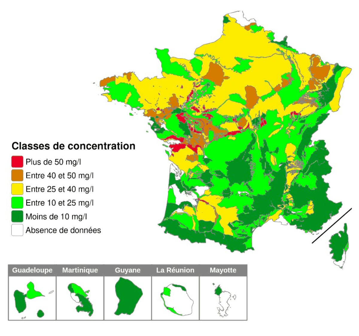 Concentration en nitrates des eaux souterraines les plus proches de la surface (2021-2023)
